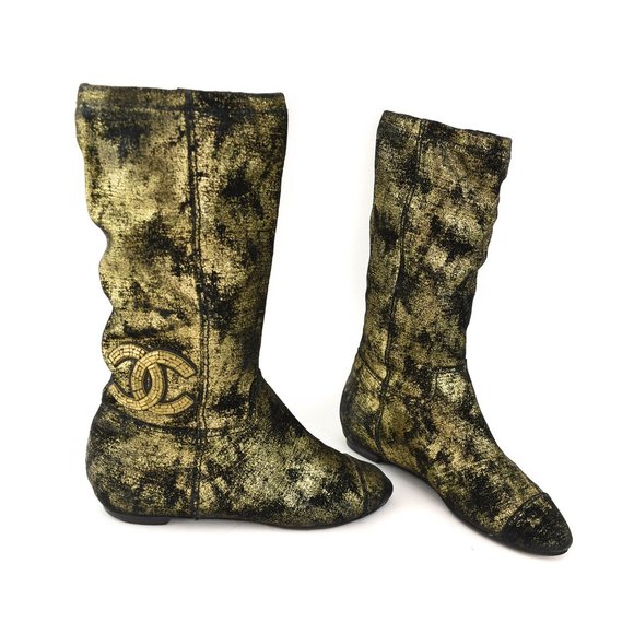 CHANEL Shoes - CHANEL: Black/Gold, Suede "CC" Logo Mid-Calf Boots